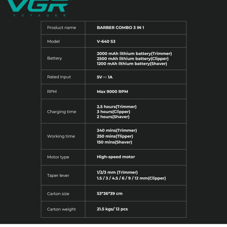 ماشین اصلاح موی سر و صورت شارژی وی جی ار مدل V-640 s3 مجموعه 3 عددی