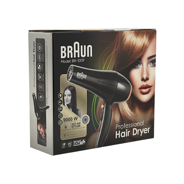 سشوار حرفهای براون مدل BR-1009، موتور AC با توان مصرفی 9000 وات، دارای قابلیت تعویض سری، باد سرد، عملکرد توربو، دارای حلقه آویختن، با حالت صافکننده و حجمدهنده، وزن 650 گرم، تنظیم حرارت 3 حالته و کنترل سرعت 2 حالته، به همراه سری متمرکزکننده