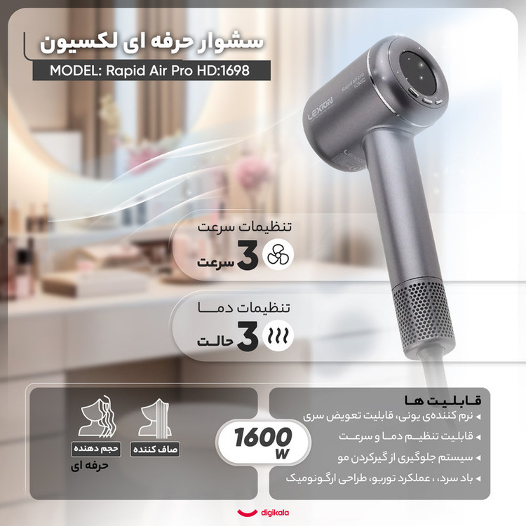 سشوار حرفه ای 1600 وات لکسیون مدل Rapid Air Pro HD:1698