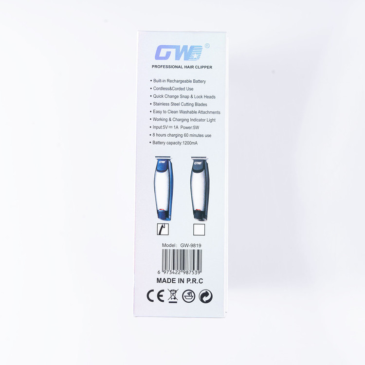 ماشین اصلاح موی سر و صورت شارژی جی دبلیو مدل G-9819، اصلاح به صورت خط زن و صفر زن، منبع انرژی با برق و باتری، تکنولوژی اصلاح به صورت تریمر، اندازه اصلاح 0.1 میلیمتر، مدت زمان شارژ 480 دقیقه و مدت زمان استفاده پس از شارژ 60 دقیقه، به همراه شارژر و روغن