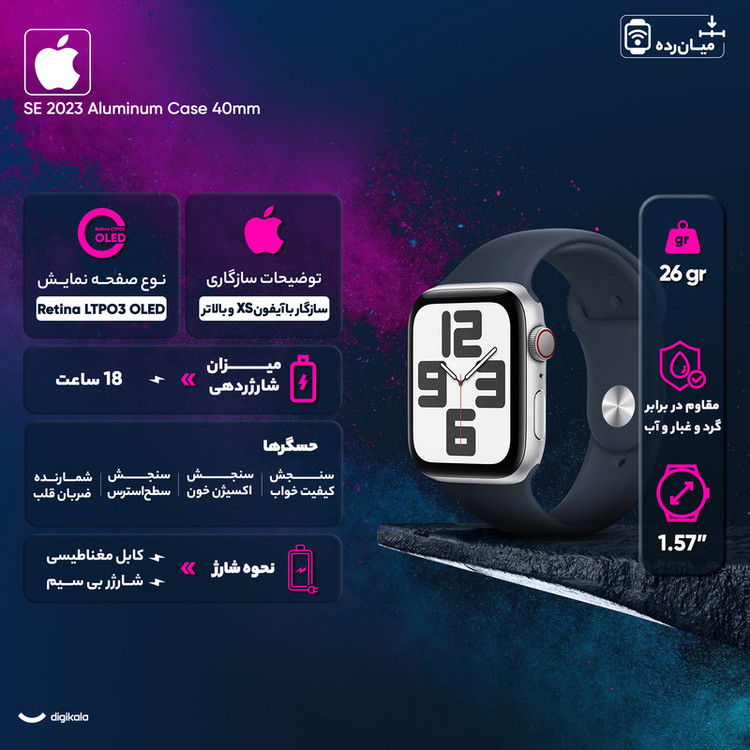 ساعت هوشمند 40 میلیمتری اپل مدل SE Aluminum Case با بند سیلیکونی