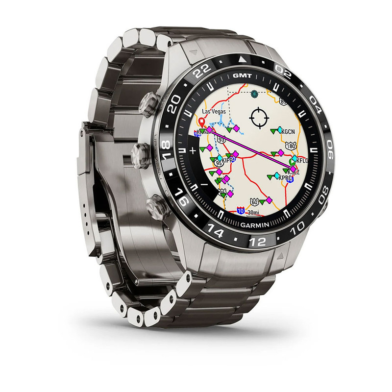 ساعت هوشمند گارمین مدل MARQ Aviator (Gen 2) دارای قابلیت های صفحه نمایش لمسی، با حالت های ورزشی مختلف، پایش وضیعت استرس، با 32 گیگابایت حافظه داخلی بند تیتانیوم