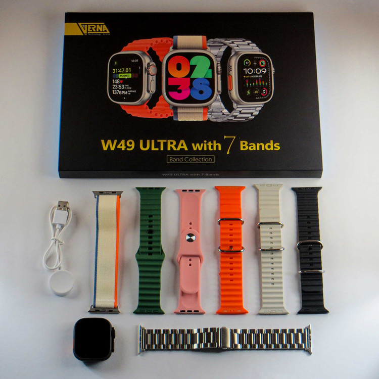 ساعت هوشمند ورنا مدل W49 Ultra with 7 Bands دارای قابلیت های کنترل موسیقی (Music Player)، قابلیت مکالمه از طریق بلوتوث، پشتیبانی از زبان فارسی در منو و سیستمعامل بند سیلیکون
