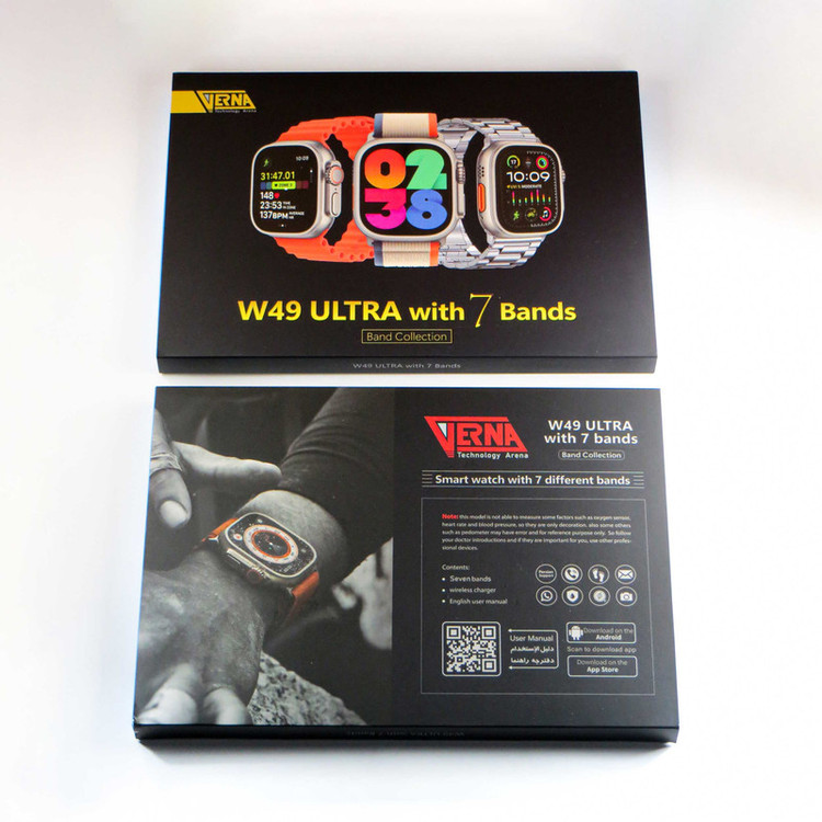 ساعت هوشمند ورنا مدل W49 Ultra with 7 Bands دارای قابلیت های کنترل موسیقی (Music Player)، قابلیت مکالمه از طریق بلوتوث، پشتیبانی از زبان فارسی در منو و سیستمعامل بند سیلیکون