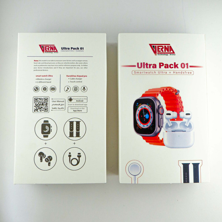ساعت هوشمند ورنا مدل Ultra pack 01 به همراه هندزفری بیسیم دارای قابلیت های قابلیت مکالمه از طریق بلوتوث، کنترل موسیقی (Music Player)، پشتیبانی از زبان فارسی در منو و سیستمعامل بند سیلیکون