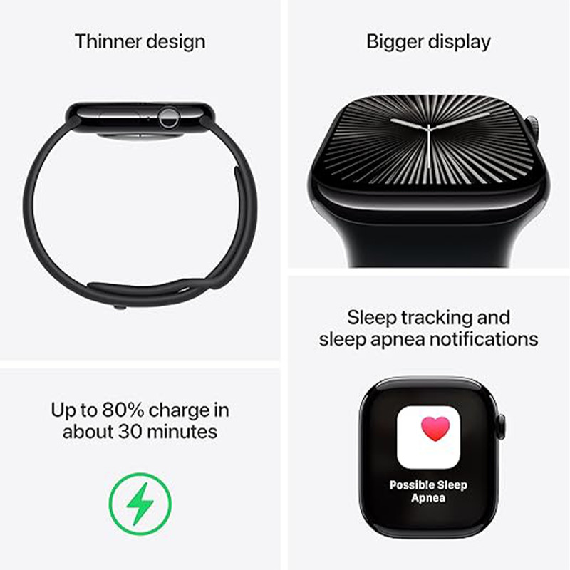 ساعت هوشمند اپل مدل Series 10 46mm Aluminum بند پارچهای، مناسب برای ورزش، سنسور اکسیژن خون، شمارنده ضربان قلب، محاسبه مسافت طی شده، پایش وضعیت خواب، نمایش وضعیت آب و هوا، ضد آب