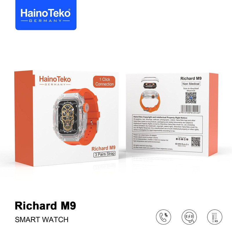 ساعت هوشمند هاینو تکو مدل MMD CRYSTAL CLEAR M9 RICHARD دارای قابلیت های صفحه نمایش رنگی، صفحه نمایش لمسی، کنترل موسیقی (Music Player)، قابلیت مکالمه از طریق بلوتوث بند سیلیکون