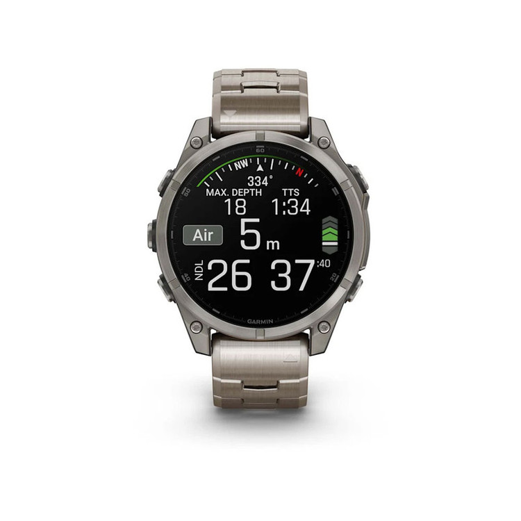 ساعت هوشمند گارمین مدل Fenix 8 - 47mm دارای قابلیت های صفحه نمایش لمسی، کنترل موسیقی، کنترل سطح اکسیژن خون، ضد آب، بند تیتانیوم