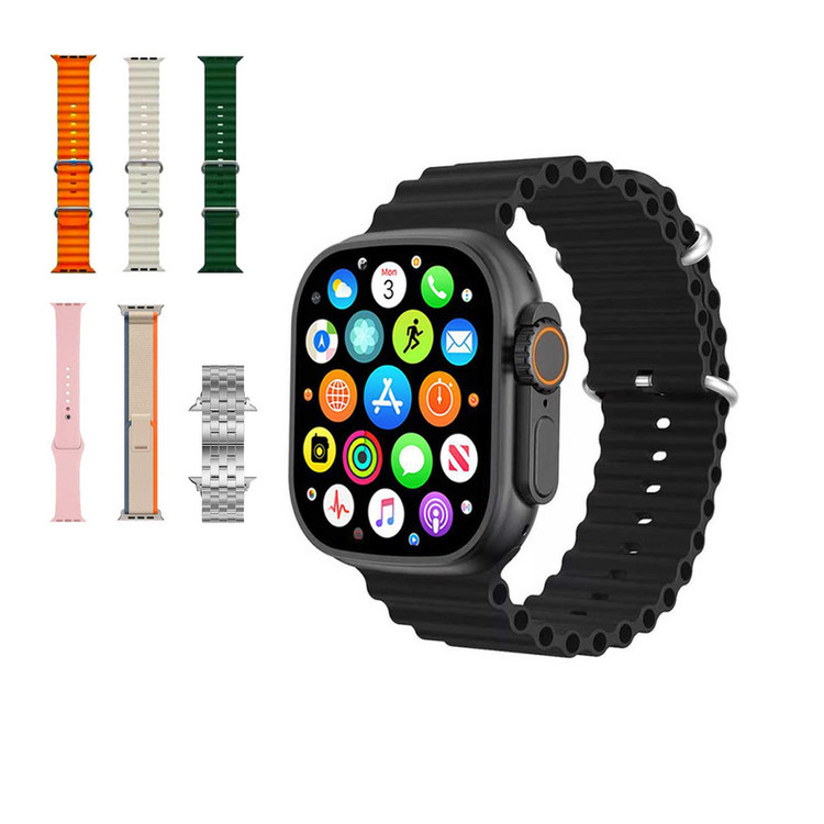 ساعت هوشمند ورنا مدل W49 Ultra with 7 bands and airpod pro دارای قابلیت های کنترل موسیقی (Music Player)، قابلیت مکالمه از طریق بلوتوث، پشتیبانی از زبان فارسی در منو و سیستمعامل، قابلیت تغییر طرح ساعت یا تم بند فلز