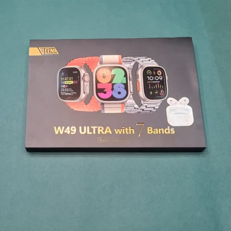 ساعت هوشمند ورنا مدل W49 Ultra with 7 bands and airpod pro دارای قابلیت های کنترل موسیقی (Music Player)، قابلیت مکالمه از طریق بلوتوث، پشتیبانی از زبان فارسی در منو و سیستمعامل، قابلیت تغییر طرح ساعت یا تم بند فلز