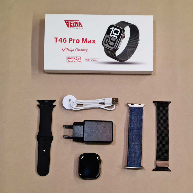 ساعت هوشمند 46 میلی متری ورنا مدل T46 Pro max با بند فلزی به همراه 2 بند اضافه و شارژر