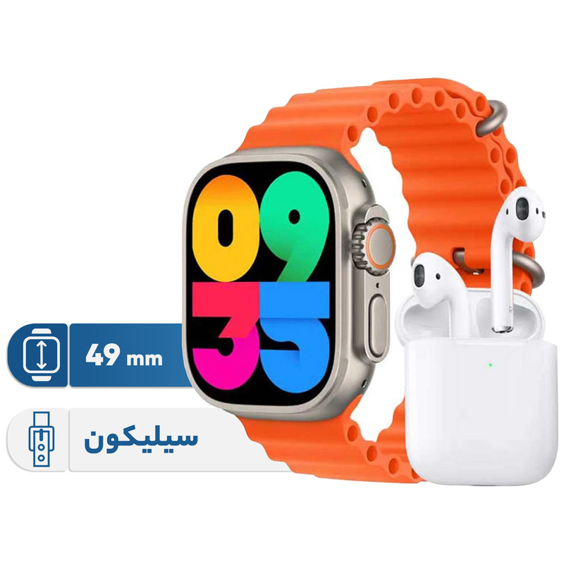 ساعت هوشمند ورنا مدل W49 Ultra with airpod دارای قابلیت های کنترل موسیقی (Music Player)، قابلیت مکالمه از طریق بلوتوث، پشتیبانی از زبان فارسی در منو و سیستمعامل بند سیلیکون