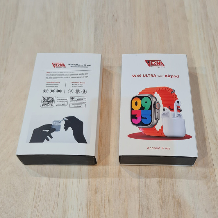 ساعت هوشمند ورنا مدل W49 Ultra with airpod دارای قابلیت های کنترل موسیقی (Music Player)، قابلیت مکالمه از طریق بلوتوث، پشتیبانی از زبان فارسی در منو و سیستمعامل بند سیلیکون
