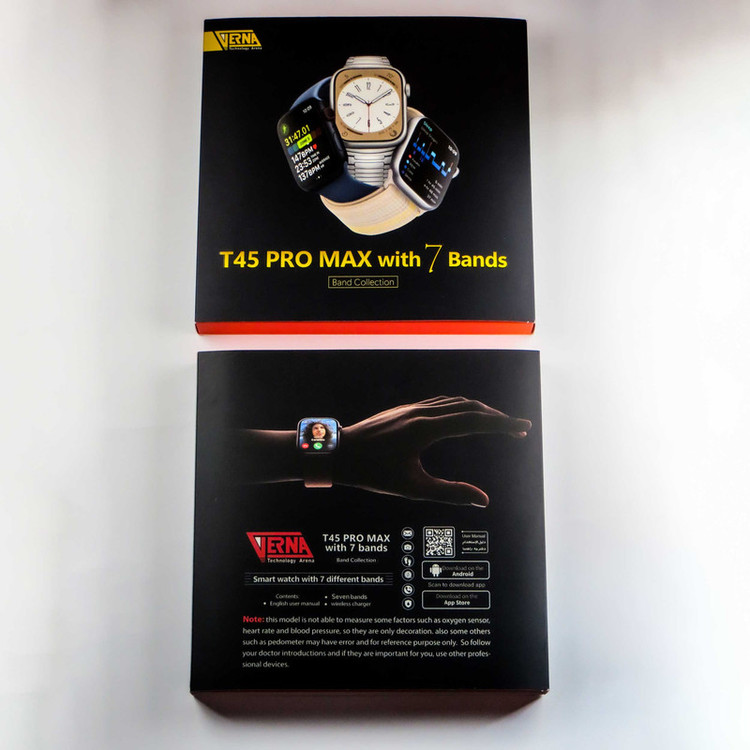 ساعت هوشمند ورنا مدل T45 Pro max With 7 Bands، مناسب برای ورزش، روزمره، رسمی، دارای قابلیتهای صفحه نمایش رنگی و لمسی، کنترل موسیقی