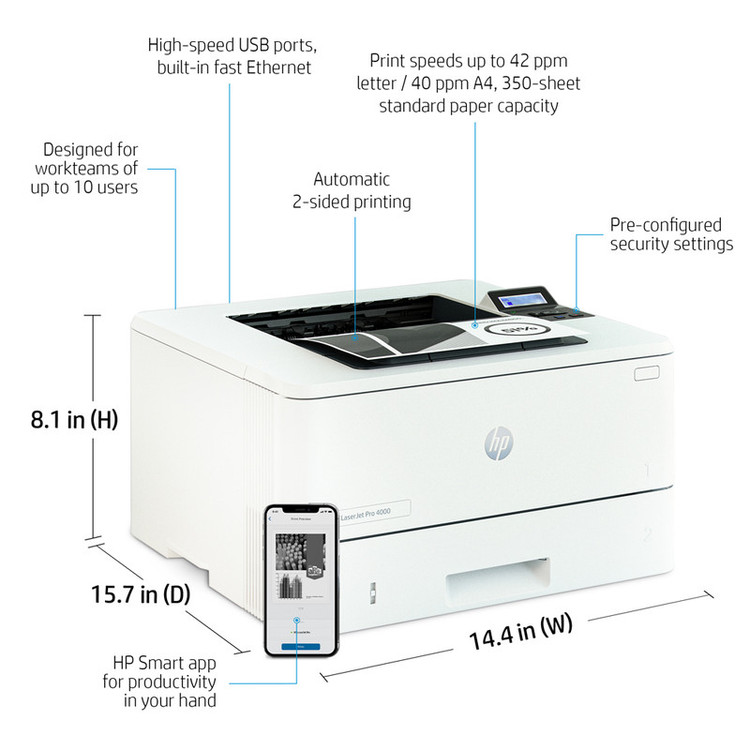پرینتر لیزری تک کاره رنگی اچ پی مدل LaserJet Pro 4001dn با اتصال باسیم سایز چاپ A4