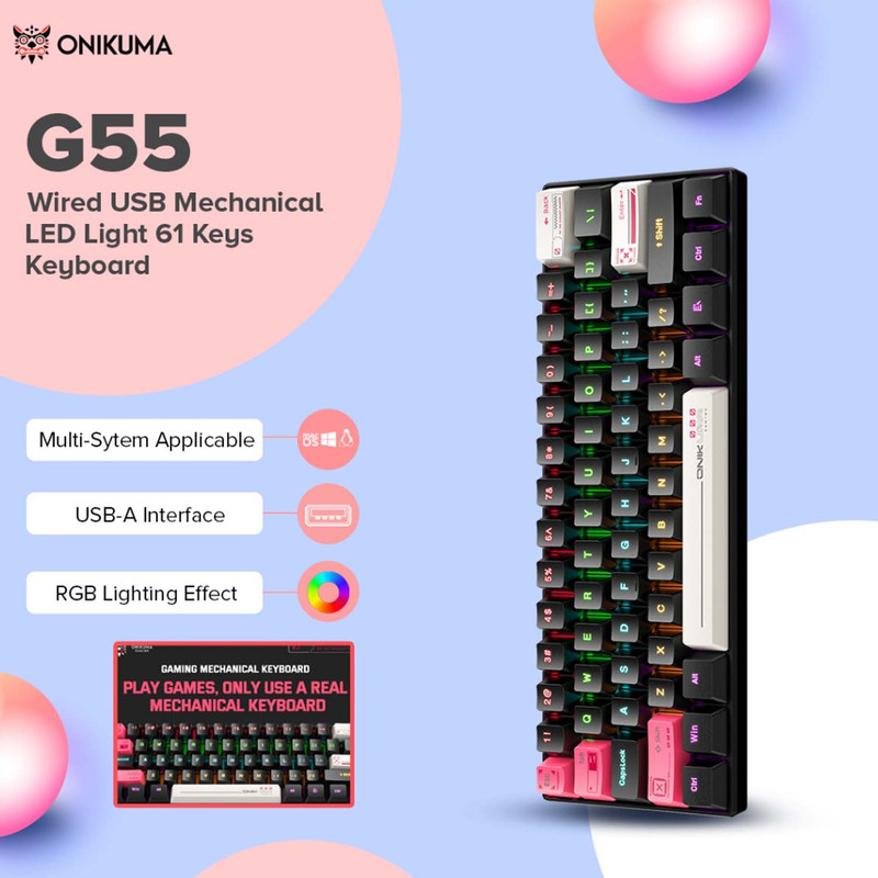 کیبورد گیمینگ اونیکوما مدل G55 RGB، مکانیکال سوییچ قهوهای، Tenkeyless، نورپردازی RGB