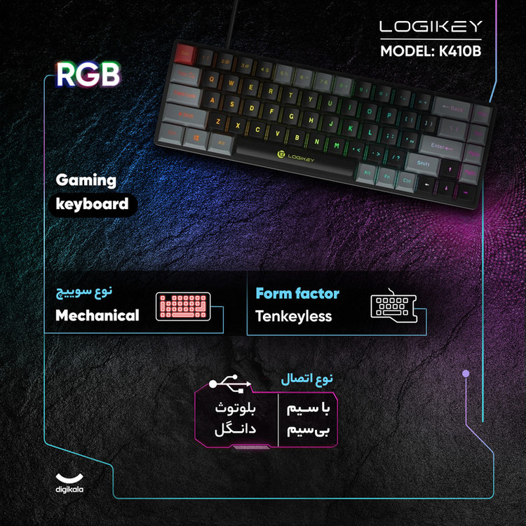کیبورد گیمینگ بی سیم لاجی کی مدل K410B، سوییچ مکانیکال قرمز، Tenkeyless، نورپردازی RGB
