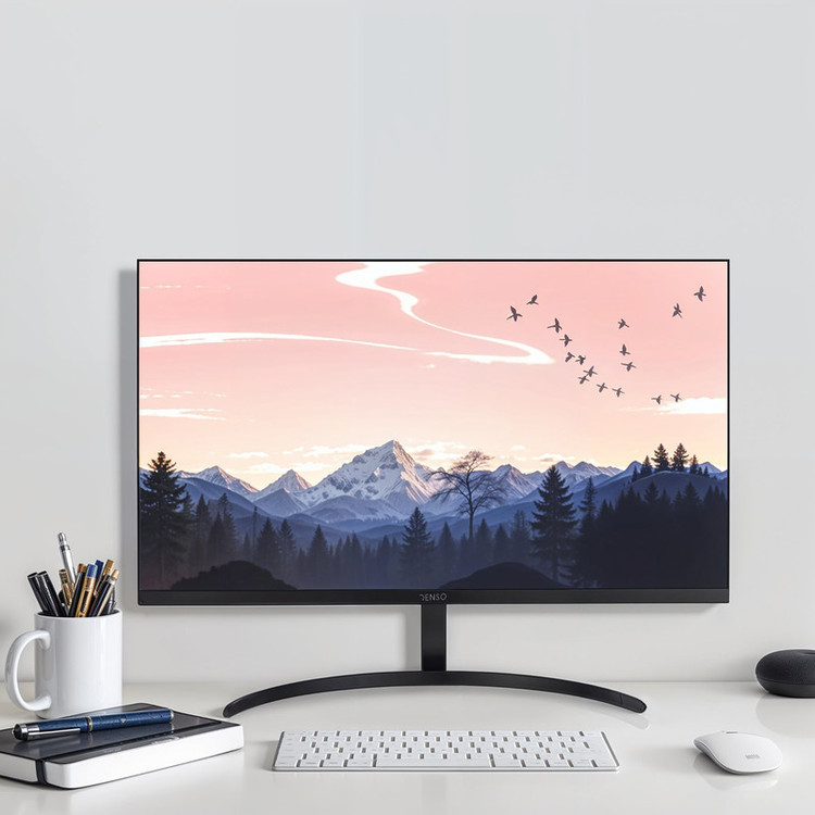مانیتور رنسو مدل RM-24PRIME سایز 24 اینچ، رزولوشن Full HD، پنل IPS، نرخ بروزرسانی تصویر 100 هرتز، نسبت تصویر 16:9، یک پورت HDMI، یک پورت Displayport و یک پورت VGA به همراه ماوس