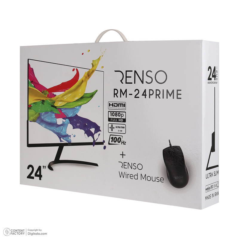 مانیتور رنسو مدل RM-24PRIME سایز 24 اینچ، رزولوشن Full HD، پنل IPS، نرخ بروزرسانی تصویر 100 هرتز، نسبت تصویر 16:9، یک پورت HDMI، یک پورت Displayport و یک پورت VGA به همراه ماوس
