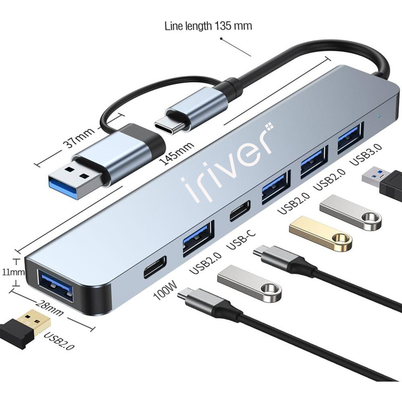 هاب 7 پورت USB3.0 و USB-C آیریور مدل DW-7