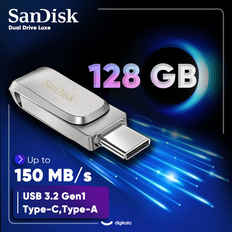 فلش مموری سن دیسک مدل Dual Drive Luxe ظرفیت 128 گیگابایت با رابط USB Type-C، USB 3.1