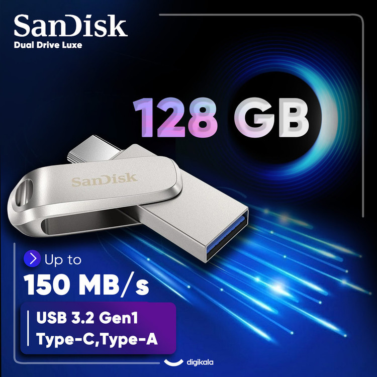 فلش مموری سن دیسک مدل Dual Drive Luxe ظرفیت 128 گیگابایت با رابط USB Type-C، پورت USB