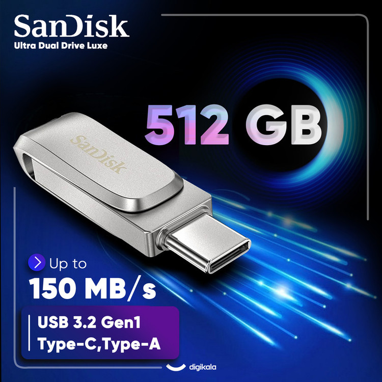 فلش مموری سن دیسک مدل Ultra Dual Drive Luxe ظرفیت 512 گیگابایت با رابط USB 3.2، USB-C