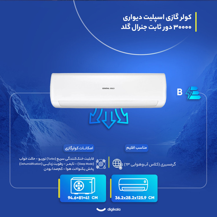 کولر گازی اسپلیت دیواری 30000 دور ثابت جنرال گلد مدل GG-MS30 VITALLY